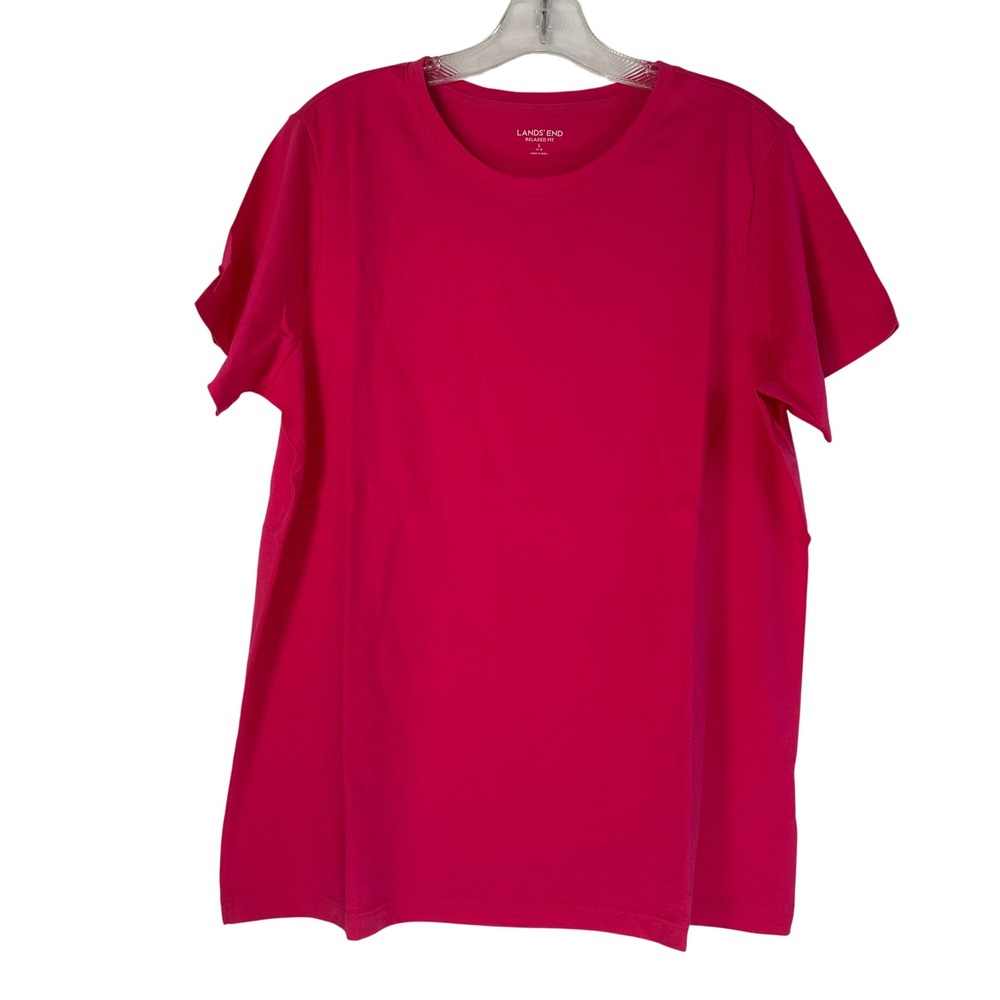 Lands End Womens Relaxed Fit Supima Cotton Crew T-Shirt Pink Punch L 14-16